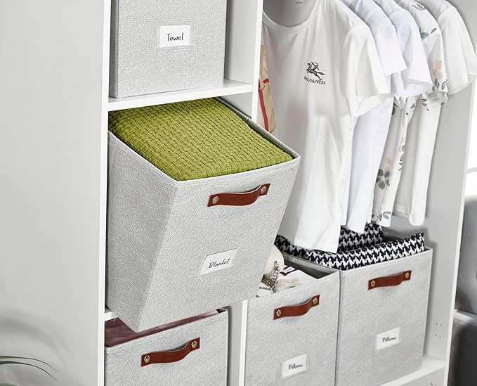 DECOMOMO Storage Bins, Storage Baskets for Shelves | 13" x 15" x 13" Storage Cube Bins with Labels for Organizing Shelves (Kallax, 4pcs, Light Texture Grey)