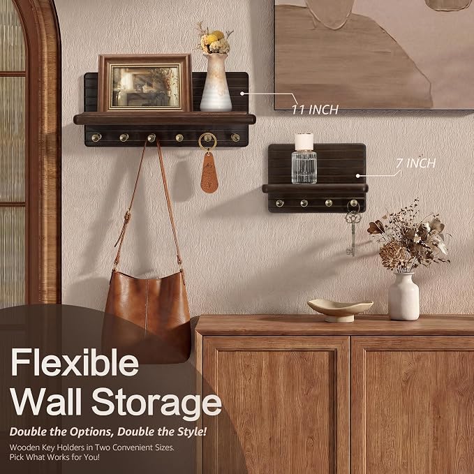 Rebee Vision Acacia Key Holder Wall Mount for Home Decor – Mini 7-inch Key Holder for Wall with 4 Sturdy Hooks & Floating Shelf - Mail Organizer for Home Essentials (Dark Acacia)