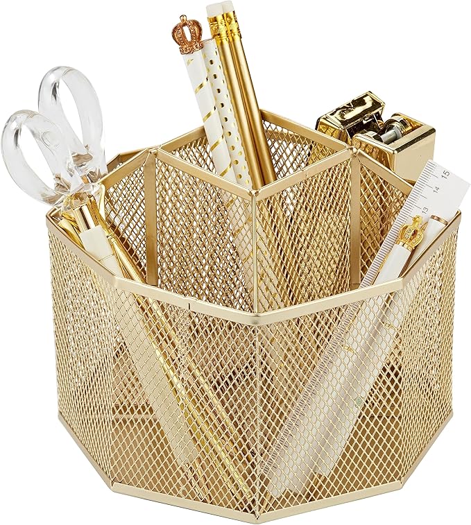 Annova Mesh Desk Organizer Rotate with 5 Compartments Spinning Tidy Candy/Pen Holder Office, Art Supply, Storage, Classroom, Home (Gold)