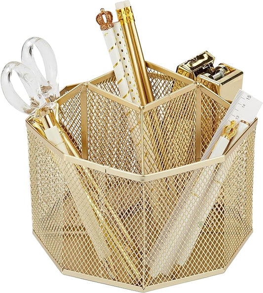 Annova Mesh Desk Organizer Rotate with 5 Compartments Spinning Tidy Candy/Pen Holder Office, Art Supply, Storage, Classroom, Home (Gold)