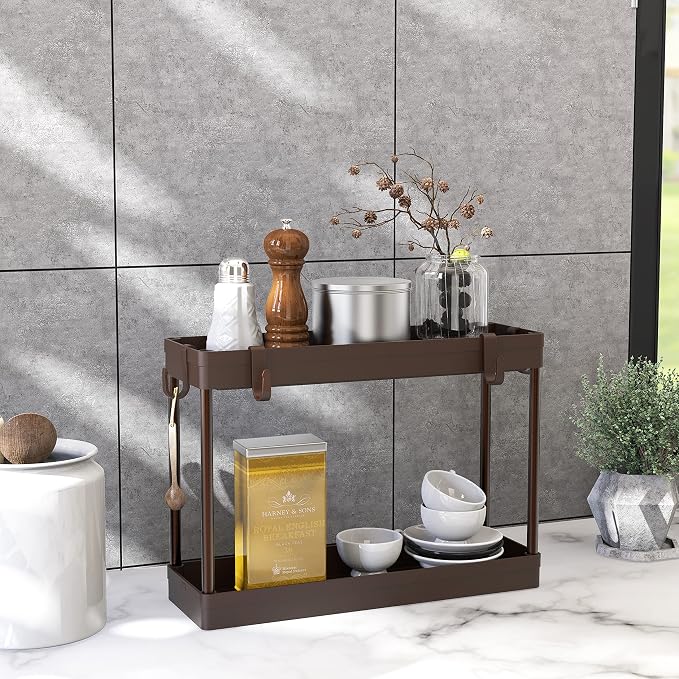 Simple Houseware 2-Tier Under Sink Organizer Storage Tray with Hooks, Brown