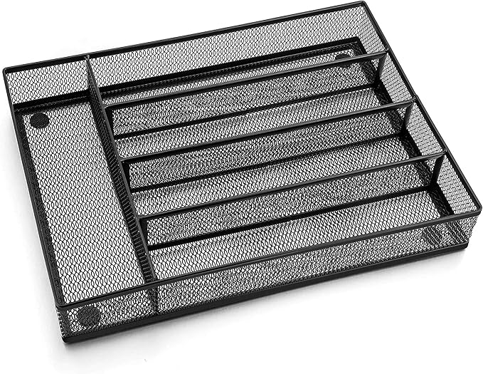 LIANYU Silverware Utensil Drawer Organizer, 5 Compartments Steel Mesh Cutlery Flatware Tray with Foam Feet, 9 1/4" W x 12 1/2" L x 2" H, Black