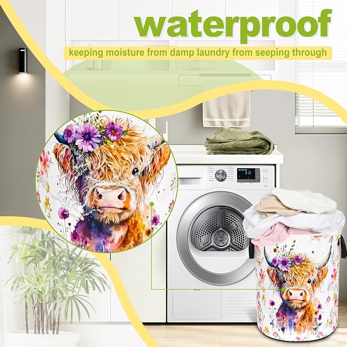 Highland Cow Laundry Basket Foldable Waterproof Oxford Cloth Funny Tote Bag Laundry Hamper Clothes Storage Bucket Organizer For Bathroom/Laundry Storage/Bedroom Storage Basket 18.9x16.5 Inch