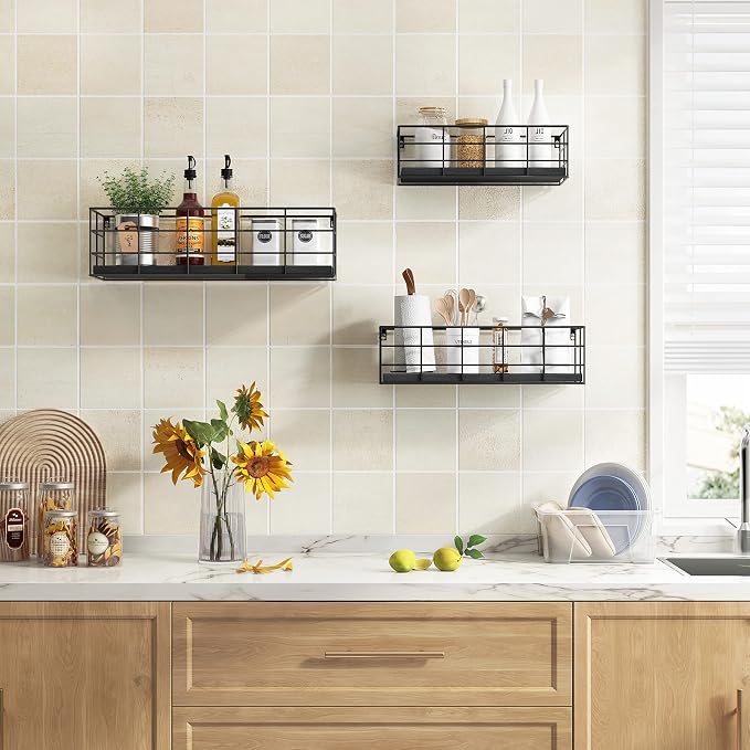 Fixwal 4 Set Floating Shelves - Hanging Wall Mounted Shelves for Living Room, Kitchen, Bedroom & Bathroom - Decorative Storage (Black)