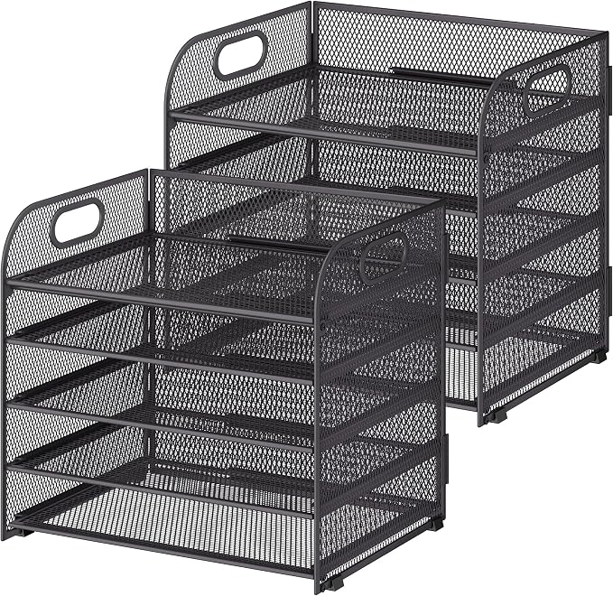 Cawukege 2 Pack 5 Tier Paper Organizer, Letter Tray with Handle, Mesh Desk Organizer, Metal File Organizer, Office Desk Accessories for Home, Office, Classroom, School -Grey
