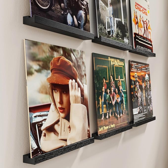 Emfogo Vinyl Record Shelf Wall Mount, 6 Pack Album Record Holder Wall, 12 inch Vinyl Record Storage Shelves Wall, Wood Record Display for Living Room(Black)