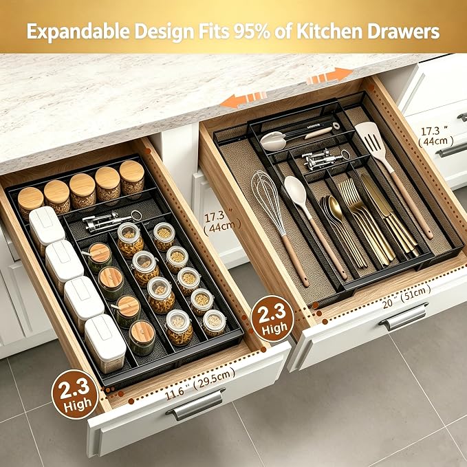 Sedegn Silverware Organizer Metal Mesh, Large Drawer Organizer, Utensil Cutlery Tray for kitchen drawers, Expandable Flatware Organizer with 8 Compartment Black 11.6"~20" x 17.3"