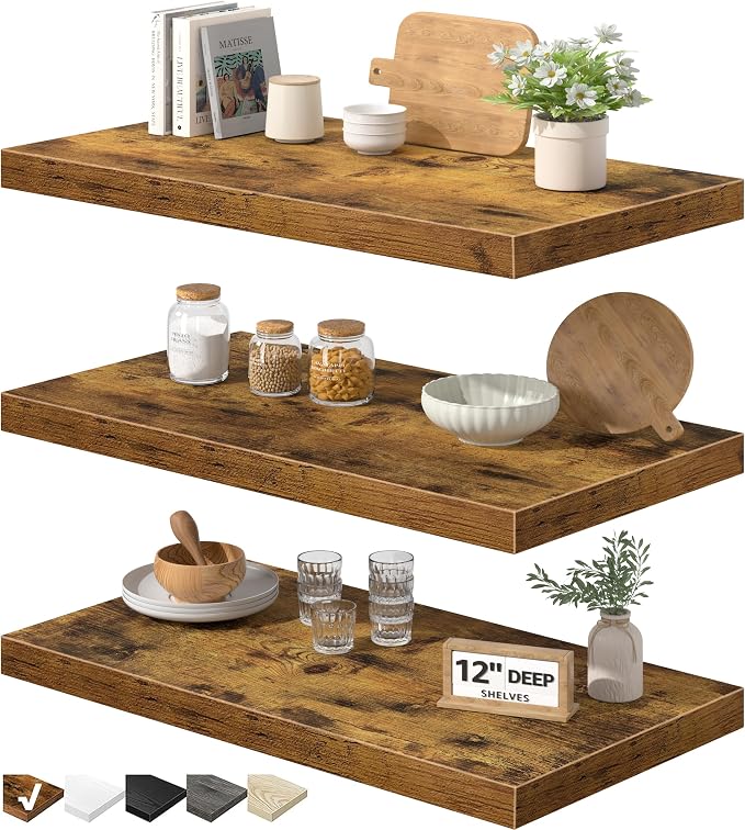 QEEIG 12" Deep Floating Shelves for Wall - 12 x 24 inch Book Shelf Bathroom Bedroom Kitchen Living Room Hanging Bookshelf Farmhouse Set of 3, Brown (026-60BN3)