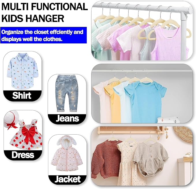 GVTECH Kids Hangers Velvet, [50 Pack] Children Cloth Durable Baby Hangers for Closet - Perfect Infant Toddler Kid Hanger for Everyday Use, Non Slip 360° Hooks for Shirt, Pant, Dress (50 Pack, Ivory)