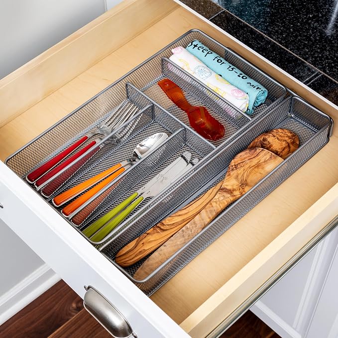 Honey-Can-Do Expandable Steel Mesh Drawer Organizer, 7 Compartments, Silver, Adjustable 11.5 to 20 Inches Wide