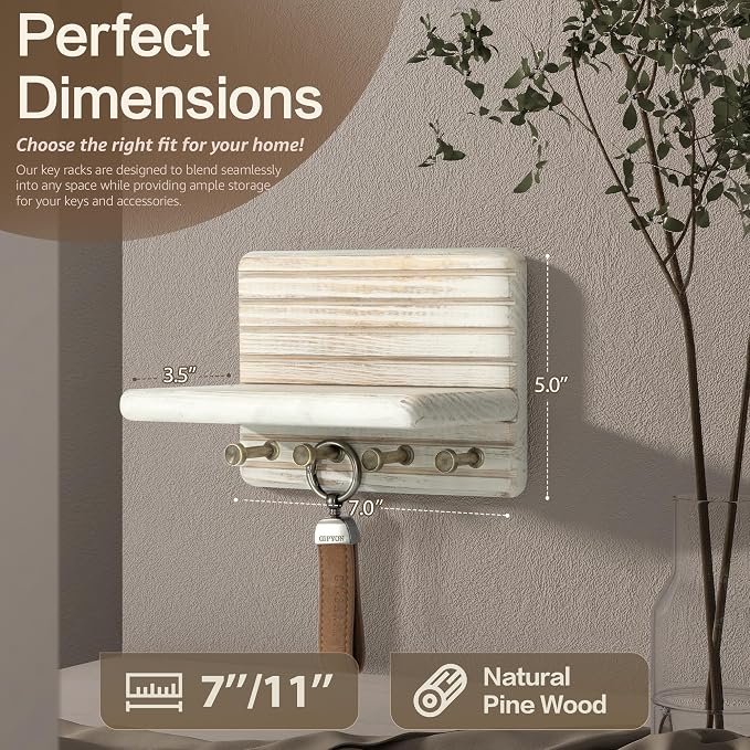Rebee Vision Pine Wood Key Holder Wall Mount – Mini 7-inch Key Holder for Wall with Wooden Shelf – Perfect Home Decor for Entryway, Living Room & Bedroom (Distressed White)