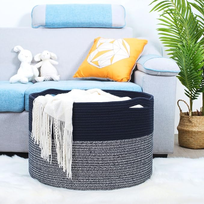 MINTWOOD Design Extra Large 22 x 14 Inches Blanket Storage Basket, Laundry Basket, Decorative Woven Cotton Rope Baskets for Blanket Storage Living Room, Dog Toy Storage Basket Bin, Navy Blue