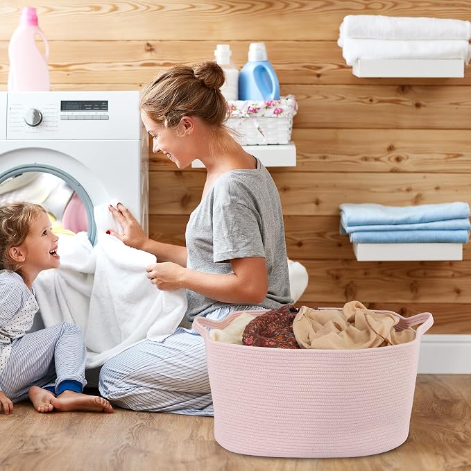 XUANGUO Large Rectangle Blankets Baskets 22"x17"x12" Toy Basket for Kids Woven Cotton Rope Storage Basket for Nursery - Laundry Baskets for Clothes Towels - Ideal for Living Room Storage pink
