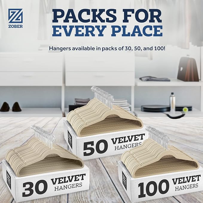 Zober Velvet Hangers 50 Pack - Ivory for Coats, Pants & Dress Clothes - Non Slip w/ 360 Degree Swivel, Holds up to 10 lbs - Strong Felt Hangers for Clothing