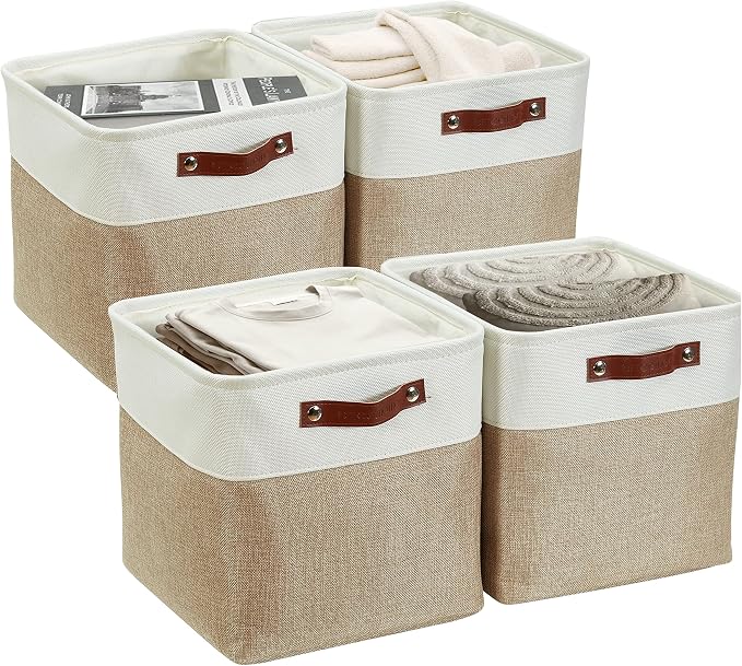DECOMOMO Cube Storage Bin 12x12, Fabric Storage Bins, Kallax Storage Cubes (Beige & White, 4 Pack)