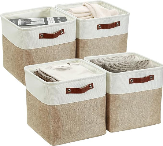 DECOMOMO Cube Storage Bin 12x12, Fabric Storage Bins, Kallax Storage Cubes (Beige & White, 4 Pack)