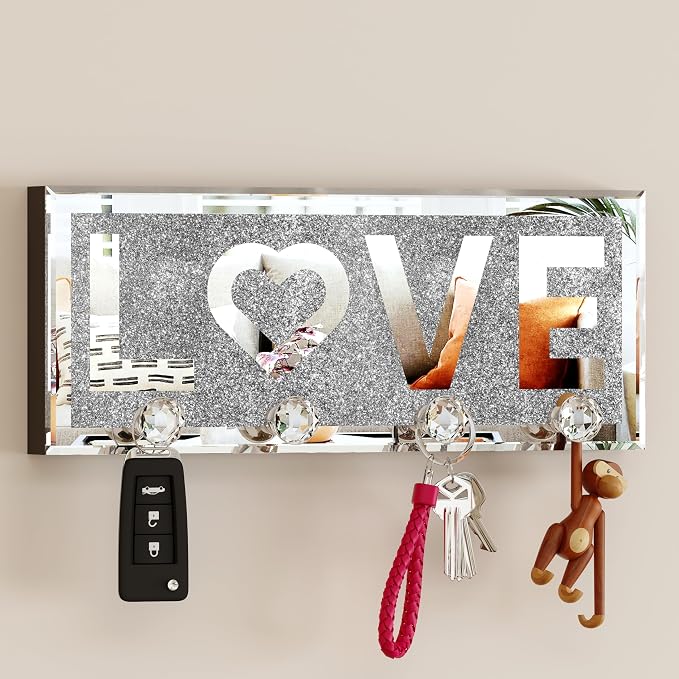 SHYFOY Mirrored Key Holder for Wall Decorative Love Letter Sign Plaque Key Hanger for Decor, Glitter Key Rack Wall Hanger with 4 Crystal Hooks for Entryway Front Door Key Hanging