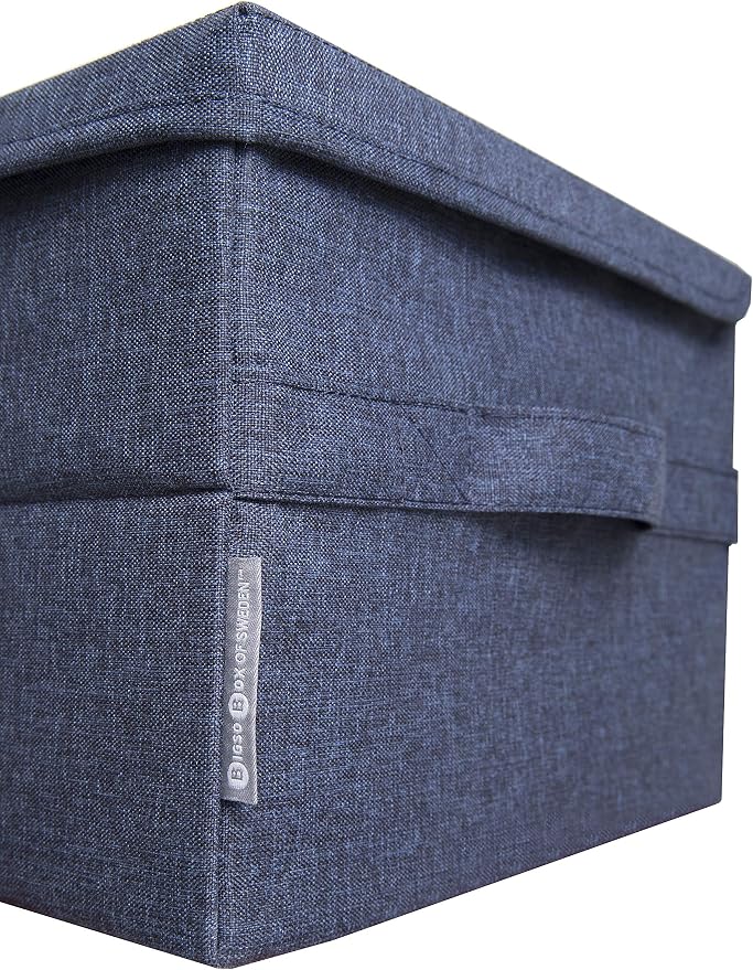 Bigso Box of Sweden Soft Foldable Polyester Storage Box with Lid and Handles for Closets and Rooms - Collapsible Organizer for Clothes and More - 10.2in x 13.8in x 7.5in - Small - Blue