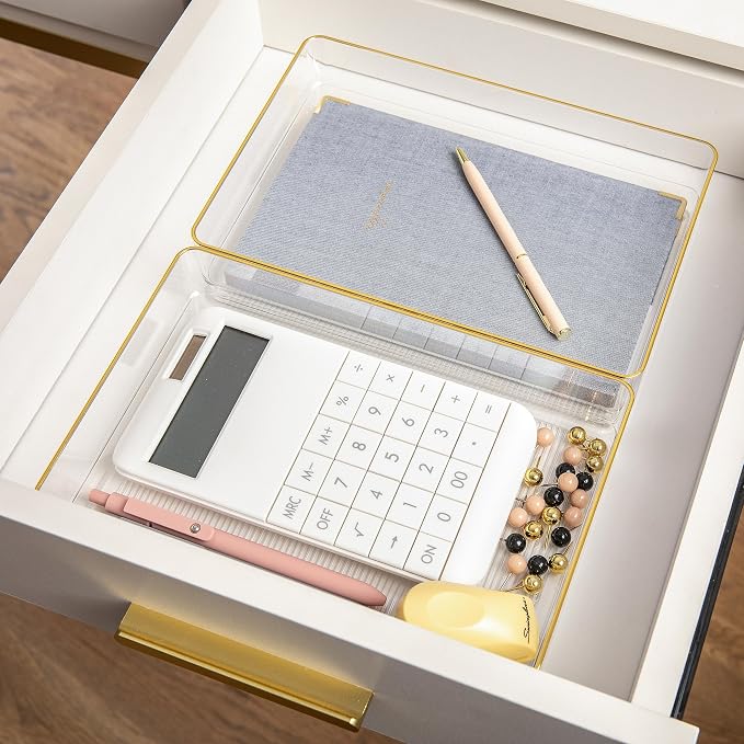 Martha Stewart Kerry Plastic Stackable Office Desk Drawer Organizers, 9" x 6", 3 Pack, with Gold Trim
