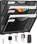 EasyPAG 3 Pocket Mesh Wall File Organizer with Key Hooks, Hanging Paper Folder Holder with Classify Label, Vertical Wall Mount Mail Organizer for Office Home Classroom, Black