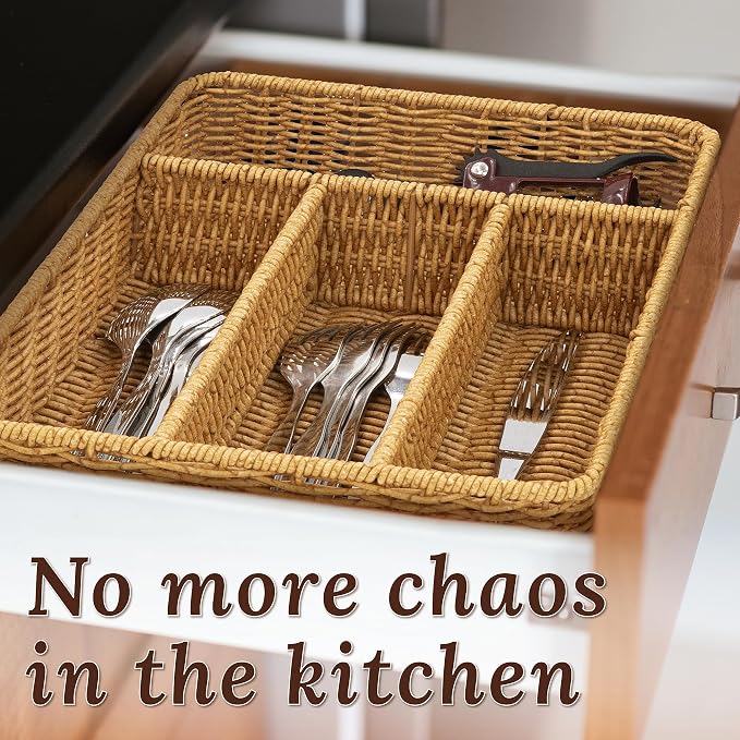 WeeNest Silverware Drawer Organizer, Kitchen Utensil Organizer, Latte | Silverware Tray for Drawer, Wicker Silverware Organizer, Basket with Dividers, Utensil Holder, Forks Organizer for Drawer