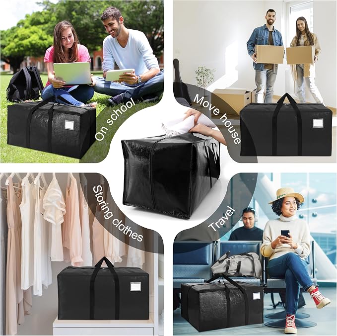 VELVETSURE 6 Pack Heavy Duty Large Moving Bags W/Backpack Straps - Strong Handles & Zippers, Storage Totes, Fold Flat, Alternative to Moving Box and Storage Bin, Semi-Transparent+Blue+Black