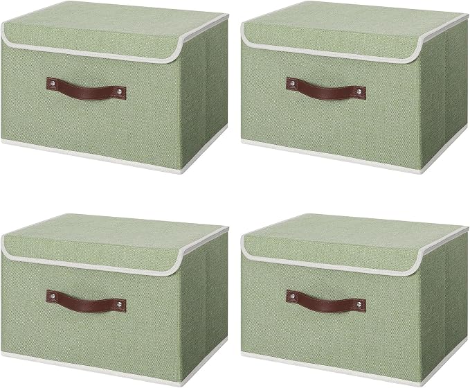ANMINY 4PCS Storage Bin with Lid Storage Boxes with PU Leather Handles PP Plastic Board Decorative Foldable Lidded Cotton Linen Fabric Home Cubes Baskets Closet Organizer Container - Green, Medium