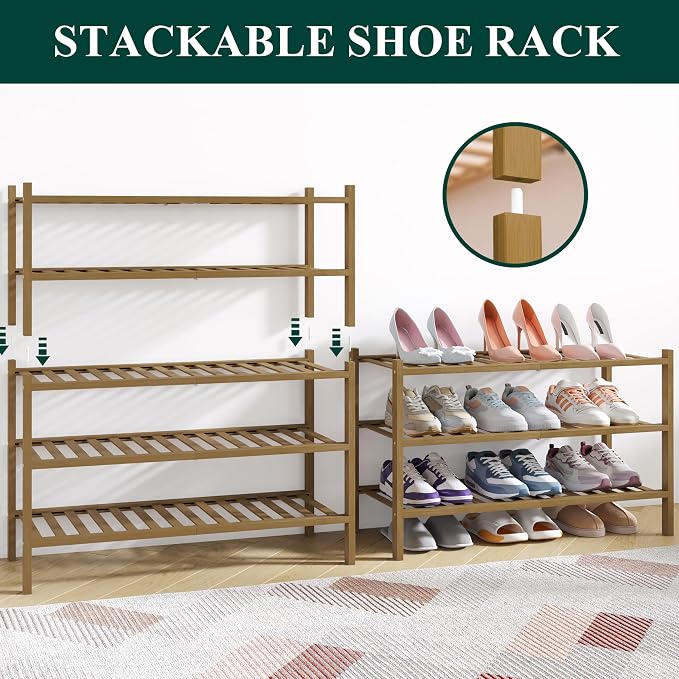 Smiry Bamboo Shoe Rack for Closet, 4 Tier Wooden Shoe Organizer, Stackable Wood Shoe Storage Shelf for Entryway, 14 Vertical Slats, 2+2 Stack Heavy-Duty Legs, 26.77"x11.02"x25.98", Walnut