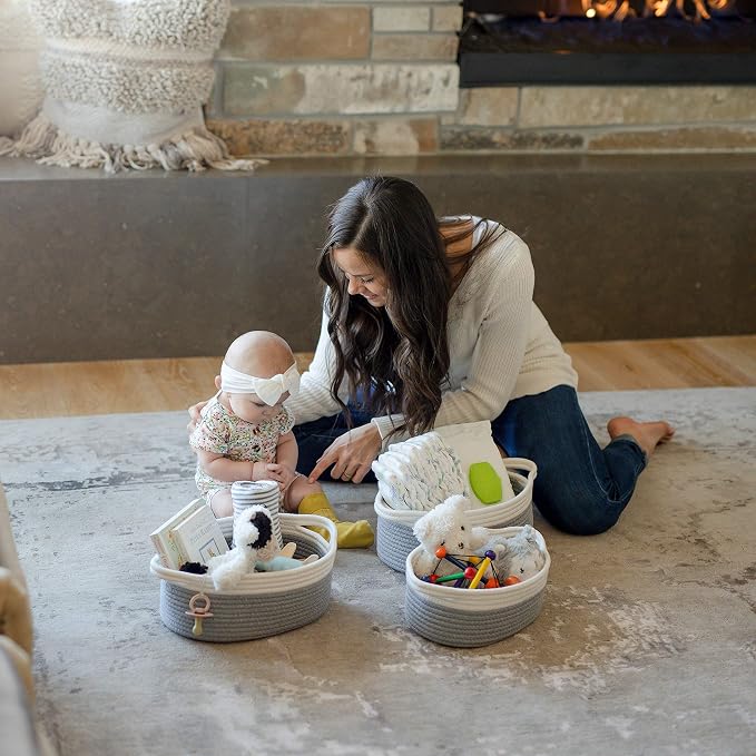 NaturalCozy 3-Piece Oval Storage Basket Set– Cotton Rope Woven Baskets for Storage, Gift Basket Empty, Toy Basket, Soft Baby Basket for Nursery, Cat Dog Toy Baskets, Small Basket (Off White & Gray)