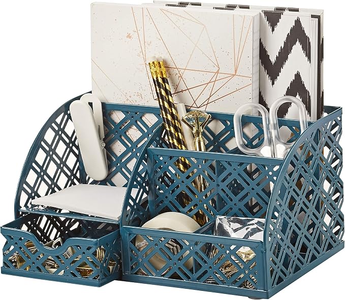 Exerz Desk Organizer Aegean Blue Office Desk Accessories Supplies Office Storage Desktop Pencil Pen Holder with Drawer Home Workspace