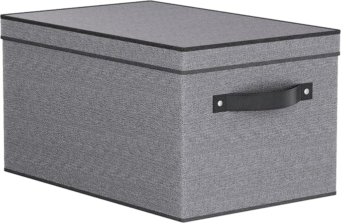 Fabric Storage Bin with Lid, 7.1 x 9.1 x 13 Inch Foldable Storage Box for Shelves with Handles, Decorative Linen Closet Organizer, Gray, 1-Pack