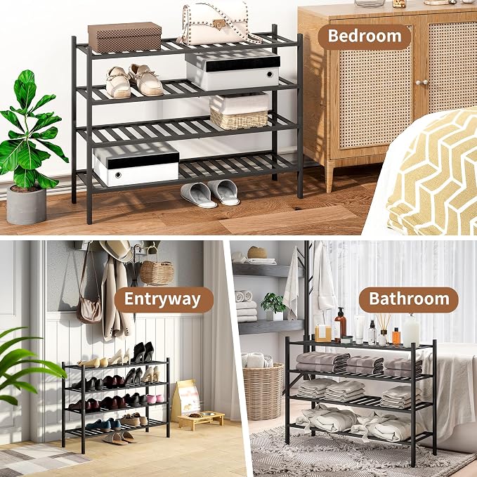 Bamboo Shoe Rack Stackable Shoe Shelf Storage Organizer for Unit Entryway Hallway and Closet Sturdy Freestanding Shoe Shelf (4L Tier Black)