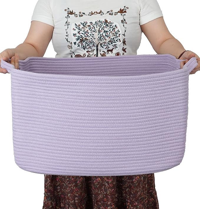 XUANGUO Large Rectangle Blankets Basket Living Room 22"x17"x12" Woven Cotton Rope Storage Baskets for Nursery Toy Basket for Kids Wicker Laundry Baskets Bin for Clothes Towels purple or Lavendor