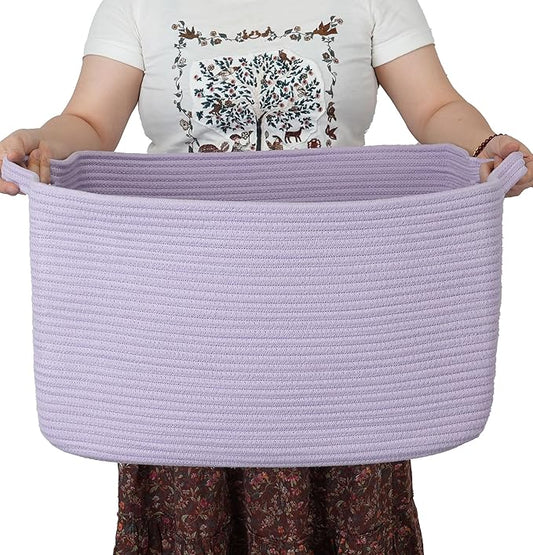 XUANGUO Large Rectangle Blankets Basket Living Room 22"x17"x12" Woven Cotton Rope Storage Baskets for Nursery Toy Basket for Kids Wicker Laundry Baskets Bin for Clothes Towels purple or Lavendor