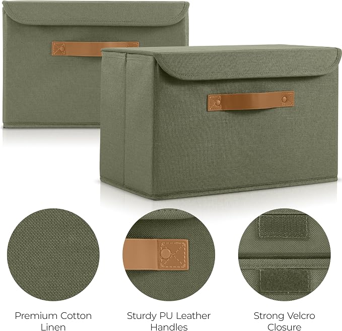 ZICOTO Decorative Linen Storage Boxes with Lids - Large Set of 2 Organizer Bins for Your Home Decor - The Perfect Container to Safely Store Photos, Documents and Memory Box Keepsakes in Style
