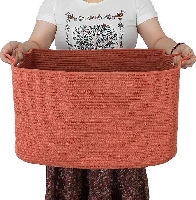 XUANGUO Large Rectangle Blankets Basket Living Room 22"x17"x12" Woven Cotton Rope Storage Baskets for Nursery Toy Baskets for Kids and Dogs Wicker Laundry Basket Bin for Clothes Towels rustic