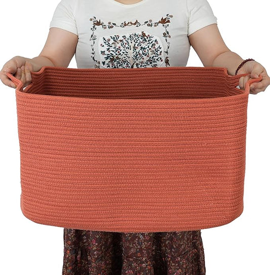 XUANGUO Large Rectangle Blankets Basket Living Room 22"x17"x12" Woven Cotton Rope Storage Baskets for Nursery Toy Baskets for Kids and Dogs Wicker Laundry Basket Bin for Clothes Towels rustic