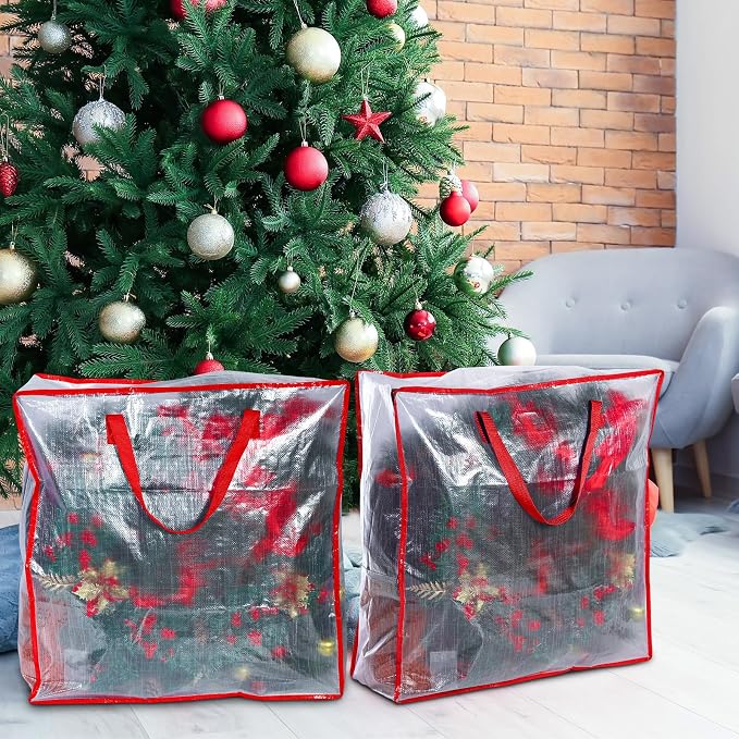 8 Pcs Clear Wreath Storage Bags 26 Inch Garland Container Door Garland Holiday Wreath Storage Holder with Handle and Zipper Heavy Duty Plastic Packing Totes(Red)