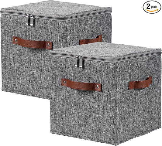 2PCS Storage Cubes with Lid Fabric Storage Bins Boxes PU Leather Handles Cotton Linen Closet Organizer Container Decorative Foldable Washable Shelf Cloth Basket (Zipper Lid, Gray, 11in)