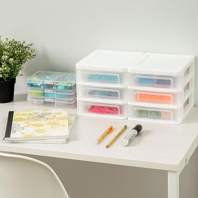 IRIS USA Plastic Stacking Desk Top 3-Drawer Storage Organizer, 2-Pack, for Makeup Vanity Nail Polish Bathroom Stationery Art Craft Supplies Kitchen Office Garage and Small Organization, Small, White