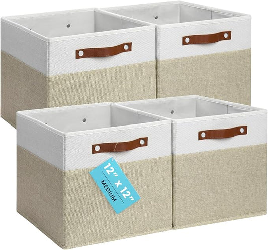 OrganiHaus 12x12 Cube Storage Bins, Set of 4 - Fabric Storage Cubes | Sturdy, holds its shape; odor-free; fits 12-inch cube shelves; vegan leather handles