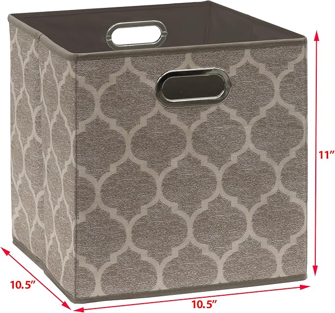Simple Houseware 11-Inch Collapsible Fabric Cube Storage Bin with Handles, Printed Design, 6 Pack, Beige