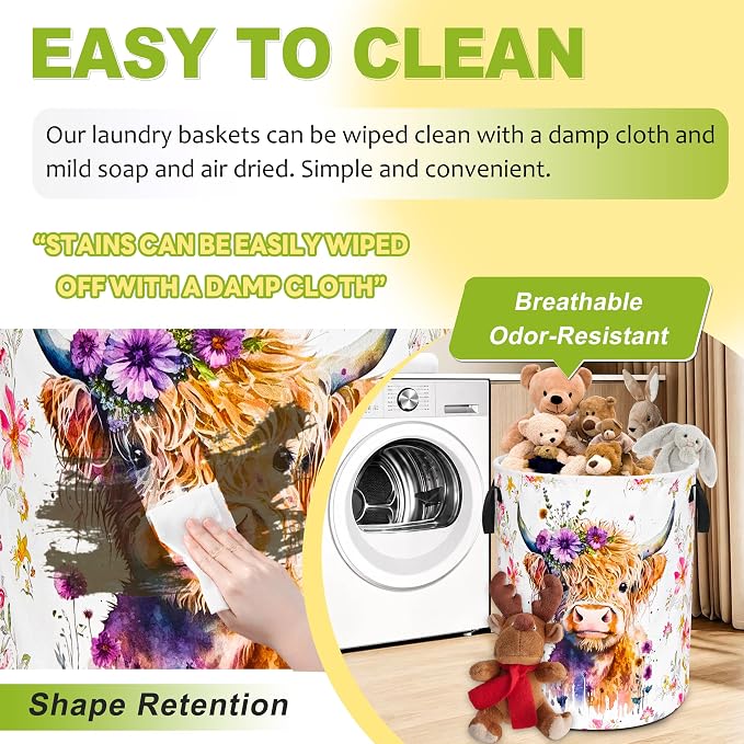 Highland Cow Laundry Basket Foldable Waterproof Oxford Cloth Funny Tote Bag Laundry Hamper Clothes Storage Bucket Organizer For Bathroom/Laundry Storage/Bedroom Storage Basket 18.9x16.5 Inch