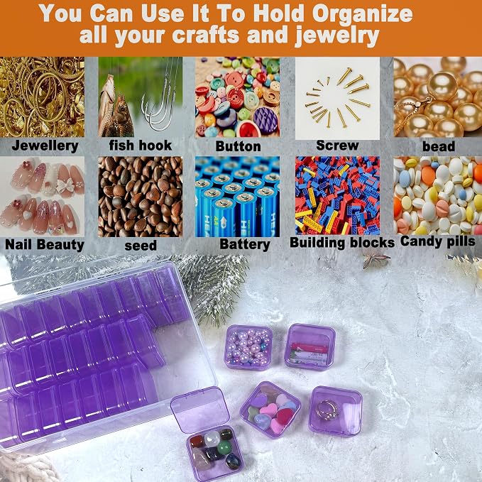 Purple Plastic Box-Bead Organizer Box-30Pcs Plastic Bead Storage Containers Craft Storage Box with Hinged Lid, 1sheet Labels, Mini Box for Jewelry Making, Diamond Art, Small Parts,Fishing toolbox