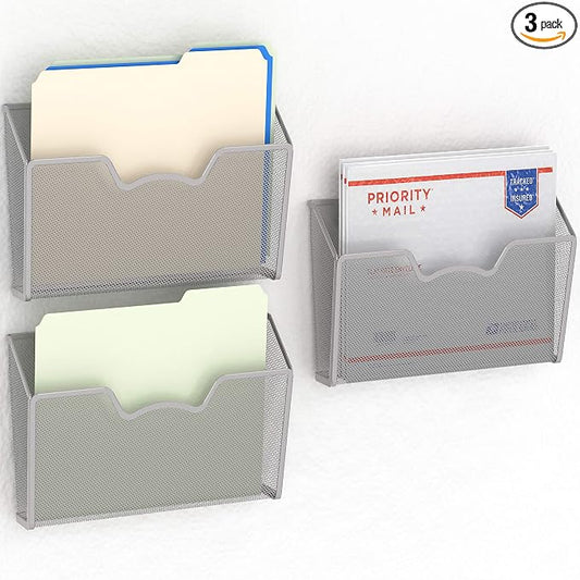 Simple Houseware Wall Mount Single Pocket File Organizer Holder, 3 Packs, Silver