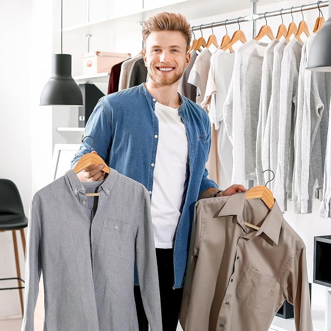 JS HANGER Wooden Hangers 20 Pack, Natural Wood Suit Hangers with Non Slip Shoulder Grooves, Clothes Hangers for Coats, Shirts, Jackets, Pants, Suits