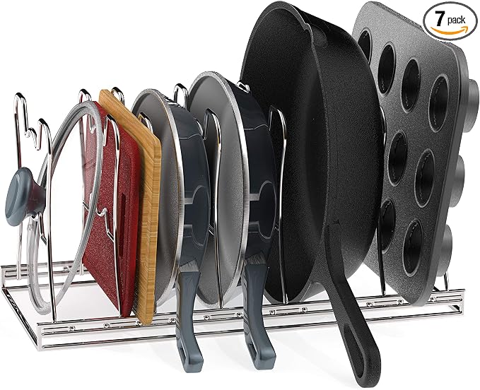 Simple Houseware 7 Adjustable Compartments Pot and Pan Organizer Rack Lid Holder, Chrome