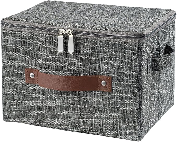 Storage Bins with Zipper Lid Foldable Fabric Lidded Storage Boxes Baskets Cubes Washable Collapsible PU Leather Handle Cotton Linen Fabric Shelf Closet Organizer Container(Gray, Small Size)