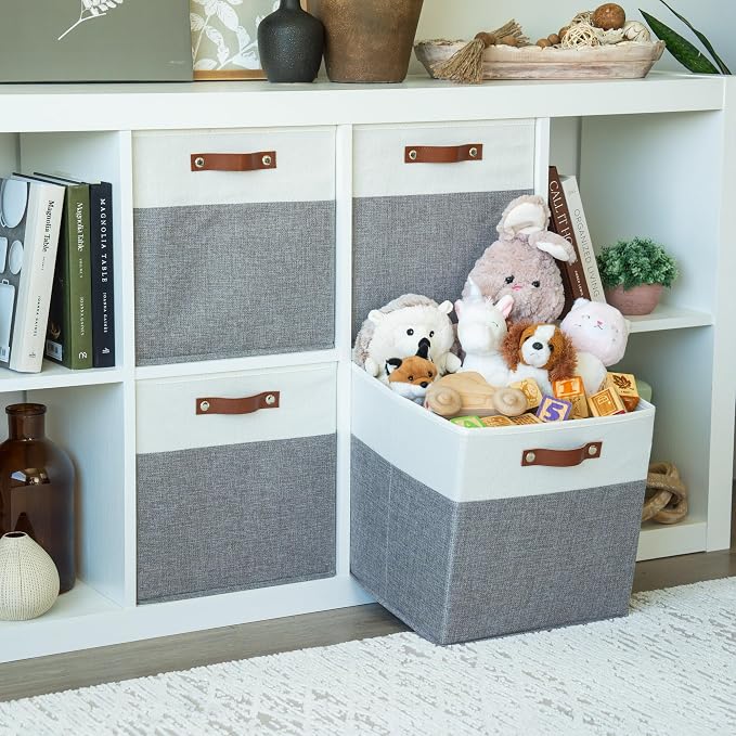 OrganiHaus 13x13 Cube Storage Bins, Set of 4 - Fabric Storage Cubes | Sturdy, holds its shape; odor-free; fits IKEA Kallax and Expedit; vegan leather handles