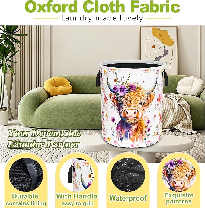 Highland Cow Laundry Basket Foldable Waterproof Oxford Cloth Funny Tote Bag Laundry Hamper Clothes Storage Bucket Organizer For Bathroom/Laundry Storage/Bedroom Storage Basket 18.9x16.5 Inch
